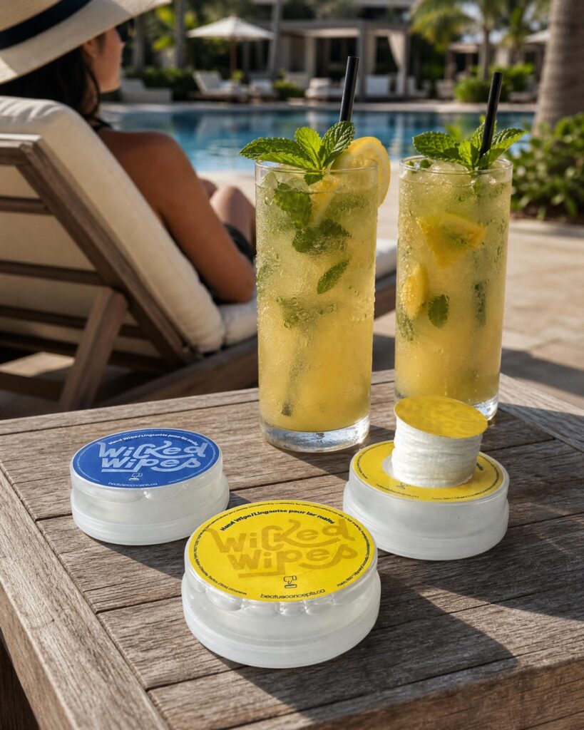 Wicked Wipes pods placed on a poolside table with mocktails in a resort