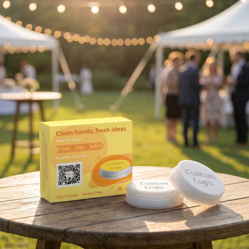 Custom branded Wicked Wipe pods and a 4-pack box on a table at an outdoor event