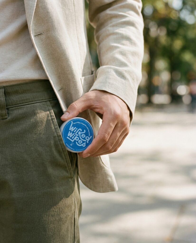 A Wicked Wipes pod being taken out of a pant's pocket